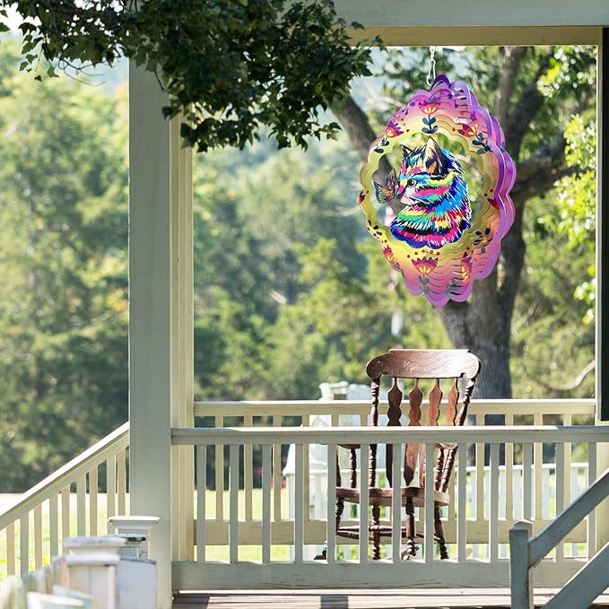Cat Wind Spinners 3D Hanging Wind Spinner Cat Ornament Gifts for Women Mom Grandma,12inch Metal Wind Kinetic Sculpture for Outdoor&Indoor Decor, Yard Art, Garden Decoration-VerdiqueGarden