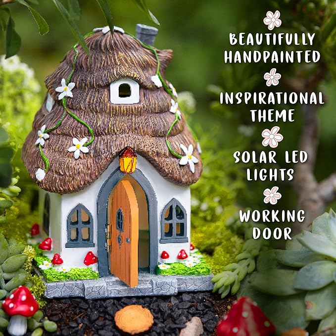WILD PIXY Fairy Garden House - Glow in The Dark Fairy Cottage with Opening Door and Solar LED Light, Beautiful Miniature Garden Decoration for Indoor or Outdoor Fairy Gardens - 7.1" Fairy House-VerdiqueGarden