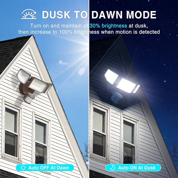85W LED Security Lights Motion Sensor Light Outdoor, 8500LM Dusk to Dawn, IP65 Waterproof, 6500K, 3 Head Motion Detected Flood Light, Floodlight for Outside, Garage, Yard, Porch (Brown)-VerdiqueGarden