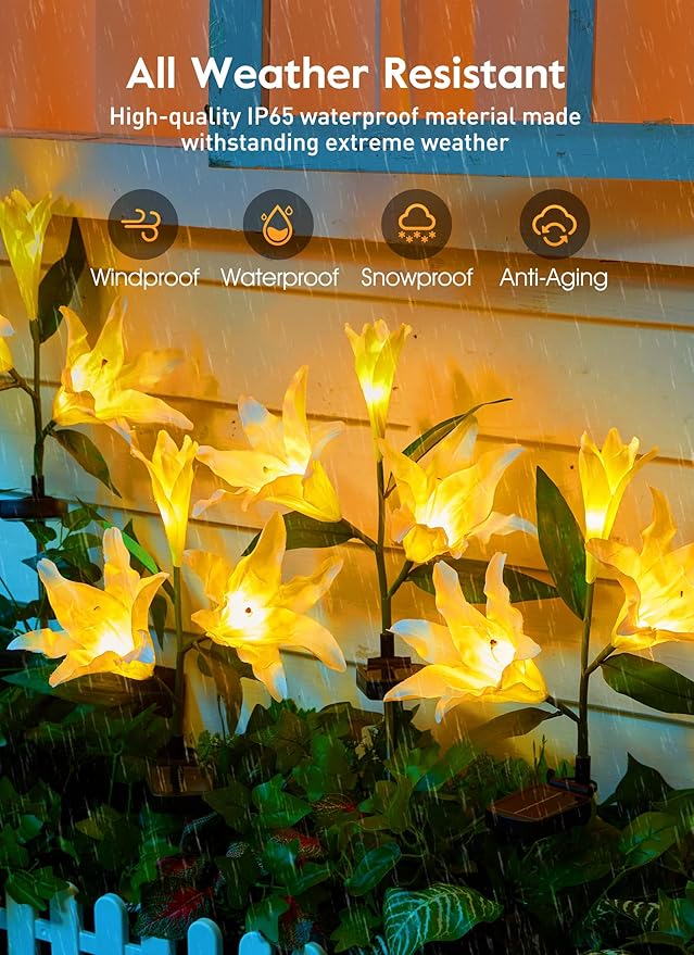 Brightown Outdoor Solar Garden Lights - 4 Pack LED Flower Lights with Larger Lily, Bigger Solar Panel, Waterproof for Outside Yard Patio Garden Decorations, White-VerdiqueGarden