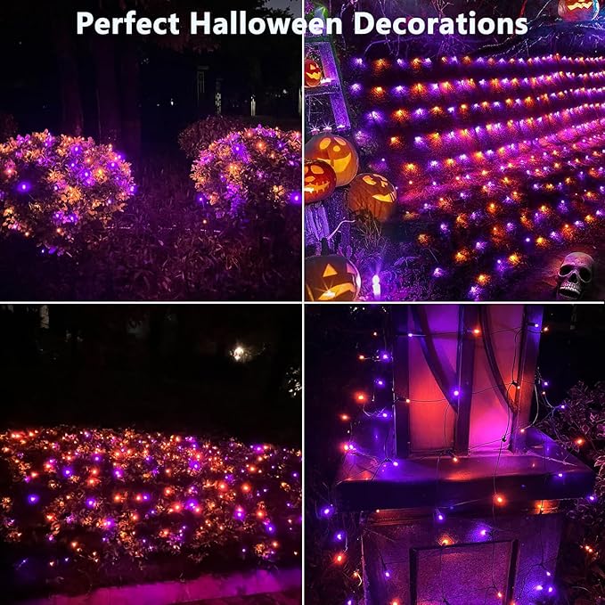 HISHINY Halloween Lights Outdoor,100LED 5ftx5ft Net Lights with Connectable, Waterproof,UL Certified and Durable Green Wire Design for Bushes,Trees,Halloween Decorations Outdoor(Purple&Orange)-VerdiqueGarden