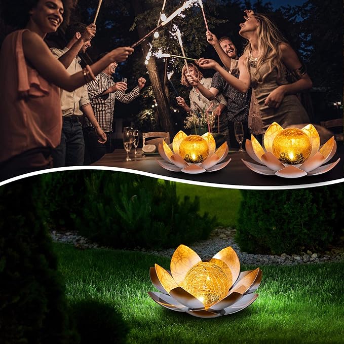 Huaxu Solar Lights Outdoor Garden Decorative Art Metal Lotus Cracked Glass Ball Waterproof Decorations for Pathway Lawn Patio Yard Ground Tabletop Gifts-VerdiqueGarden