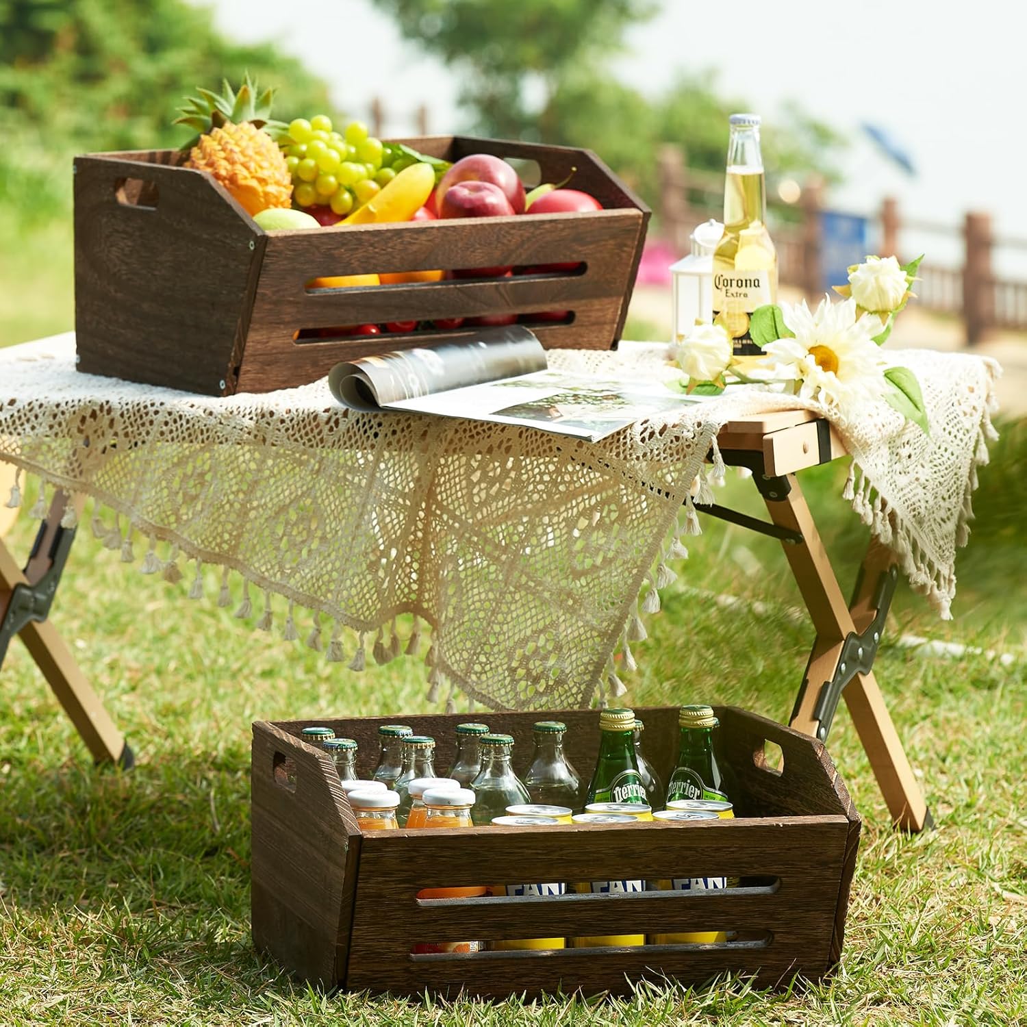 ELONG HOME Wooden Crate, 2 Pack Fast Assemble Rustic Wooden Crates for Storage, Decorative Farmhouse Wooden Crate Basket, Vintage Wood Crates Display for Fruits and Vegetables-VerdiqueGarden