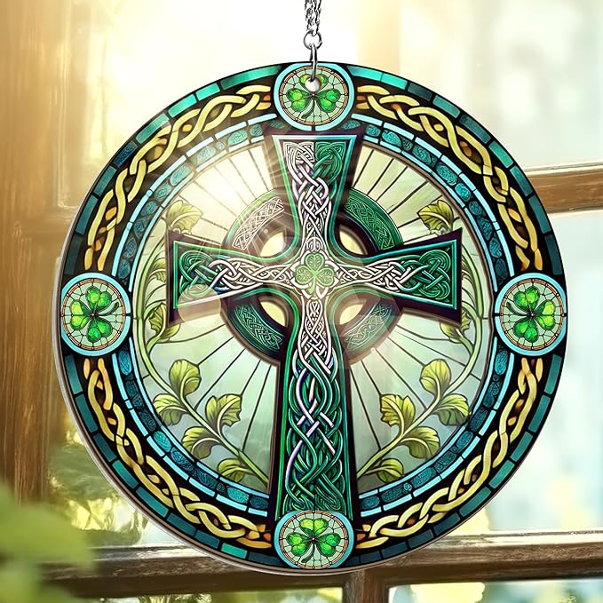 Irish Gifts, St Patricks Day Decor - Birthday, Christmas, Good Luck Irish Gifts for Men Women, Shamrock Decorations, Celtic Cross Home Decor - Window Suncatcher Hanging Decorations 6 in-VerdiqueGarden