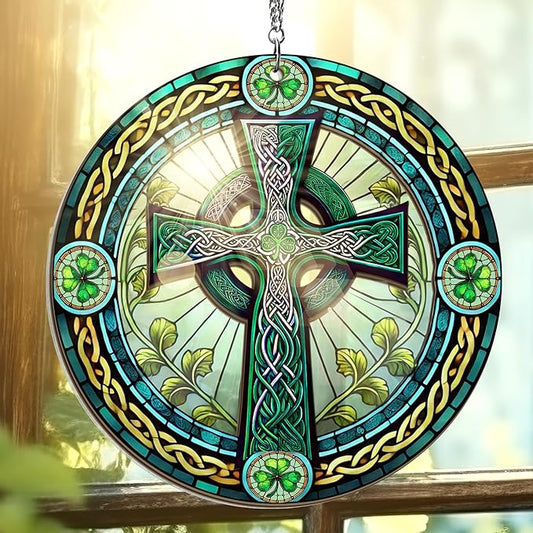 Irish Gifts, St Patricks Day Decor - Birthday, Christmas, Good Luck Irish Gifts for Men Women, Shamrock Decorations, Celtic Cross Home Decor - Window Suncatcher Hanging Decorations 6 in-VerdiqueGarden