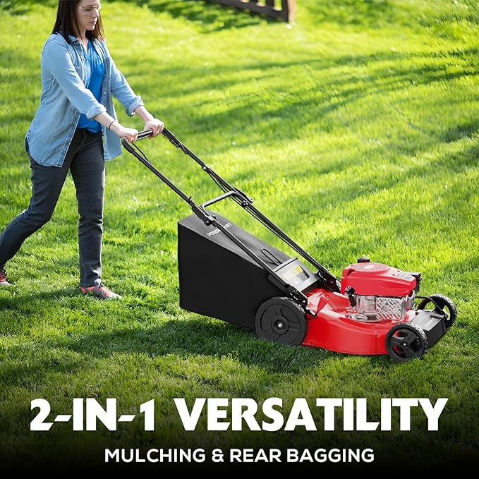 PowerSmart 21-inch Gas Push Lawn Mower, 144cc 4-Stroke Engine with Easy Adjustable Cutting Height, High Wheels, 2-in-1 with Mulch, Bag-VerdiqueGarden