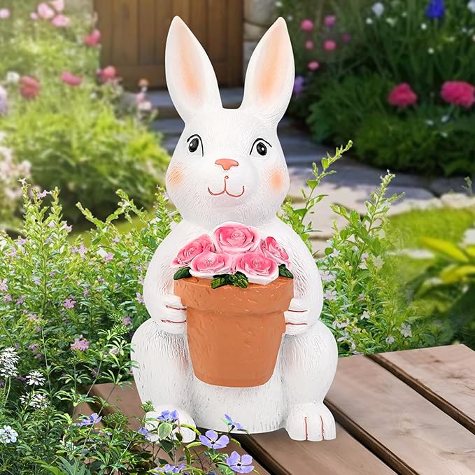 Brightever Solar Powered Outdoor Garden Statues- Rabbit with Flowers and 5 Colorful LED Lights, 11.8IN Outdoor Figurine Lights, Solar Garden Bunny Statue for Easter Decor, Gifts for Mom, Housewarming-VerdiqueGarden