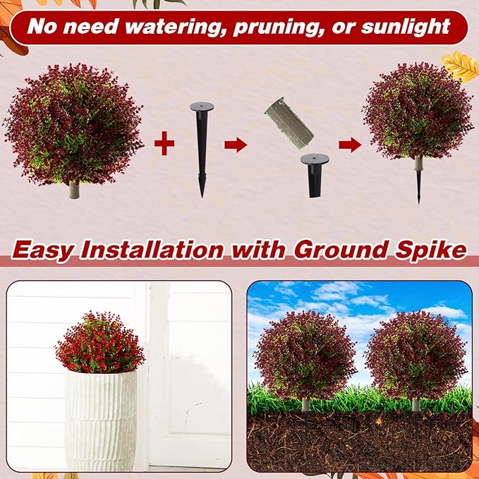 Yunlly 2 Pcs 18 Inch Artificial Boxwood Ball Topiary Tree Fake Outdoor Plants Bush, UV Resistance Faux Shrub with Spike Realistic Greenery Potted for Indoor Garden Yard Porch Patio Decor (Purple Red)-VerdiqueGarden