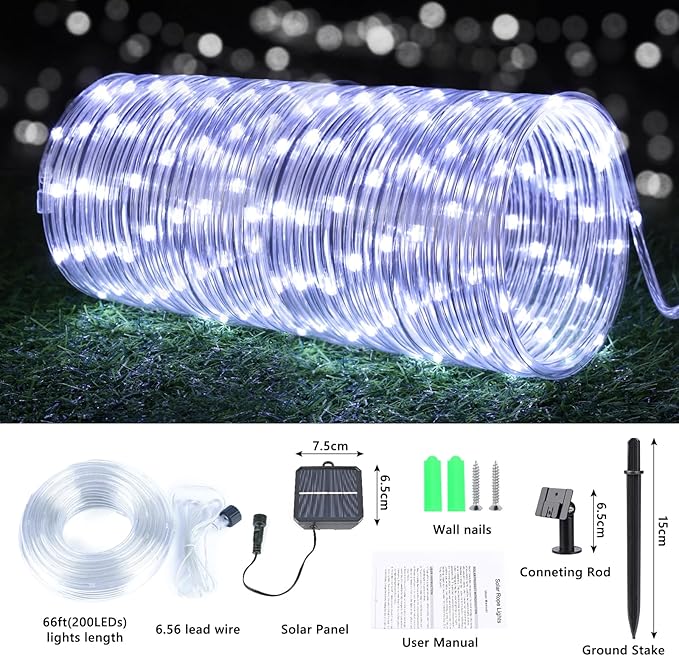 Solar Rope Lights, 66ft 200LED String, 8 Modes Waterproof Powered Outdoor, Flexible Clear Tube for Garden, Backyard, Patio, Deck, Porch, Pool, Tree Decorative - White-VerdiqueGarden