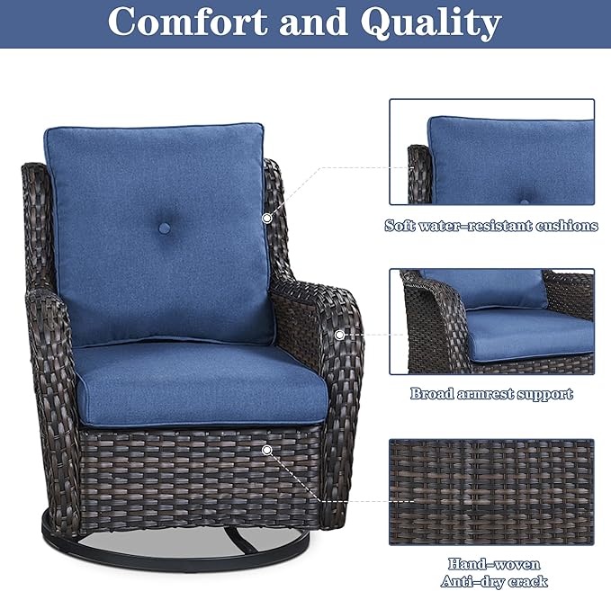 5 Pieces Patio Furniture Sets Wicker Outdoor Furniture, Rattan Patio Swivel Glider Chairs with 2 Ottoman and Glass Side Table-VerdiqueGarden