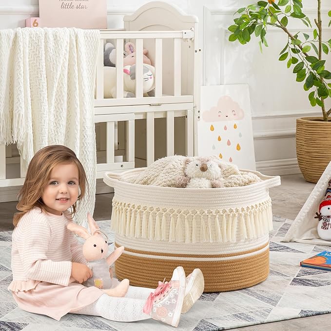 KAKAMAY Large Blanket Basket (20"x13"),Woven Baskets for storage Baby Laundry Hamper, Cotton Rope Blanket Basket for Living Room, Laundry, Nursery, Pillows, Baby Toy chest (White Fringe)-VerdiqueGarden