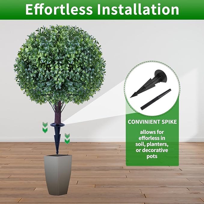 Artificial Boxwood Sphere Bushes Set of 2 Lifelike - UV Resistant Faux Shrubs with Stakes for Effortless Porch, Planter & Indoor Decor 16in FZHCZWZX-VerdiqueGarden