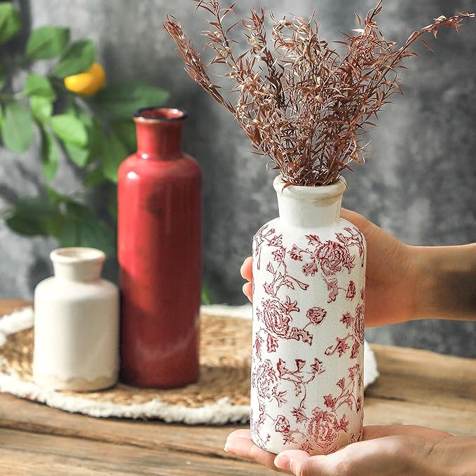 Vintage Vase Set of 3, Ceramic Vintage Flower Vases, Chinoiserie Decorative Home Decor Retro Floral Vase Rustic Farmhouse Decor for Table Bookshelf Mantel Kitchen Living Room Office - Red and White-VerdiqueGarden