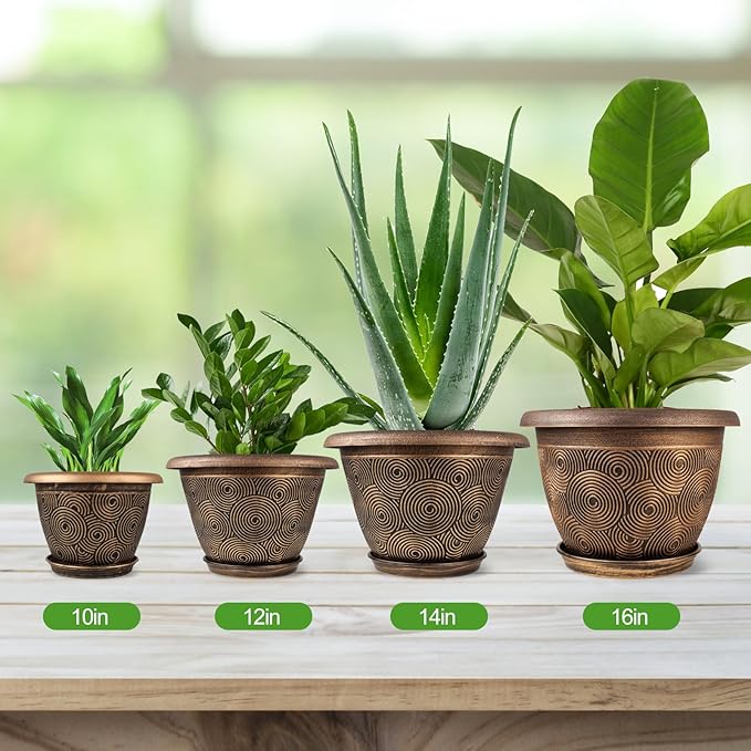 12 Inch Large Planter Pot for Plants Indoor Outdoor, 4 Pack Plastic Flower Pots with Drainage Hole & Tray, Modern Decorative Garden Pot with Saucer, Plant Container for House-VerdiqueGarden