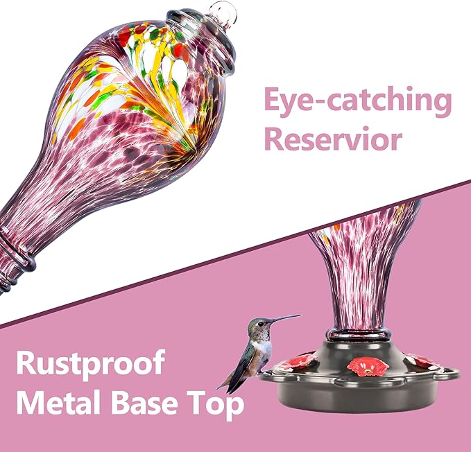 LUJII Hand Blown Glass Hummingbird Feeder for Outdoors Hanging with Ant Guard, 25 fl.oz, Leak Proof & Rustproof, Metal Base with 5 Feeding Ports & 5 Perches, Unique Garden & Backyard Decor (Purple)-VerdiqueGarden