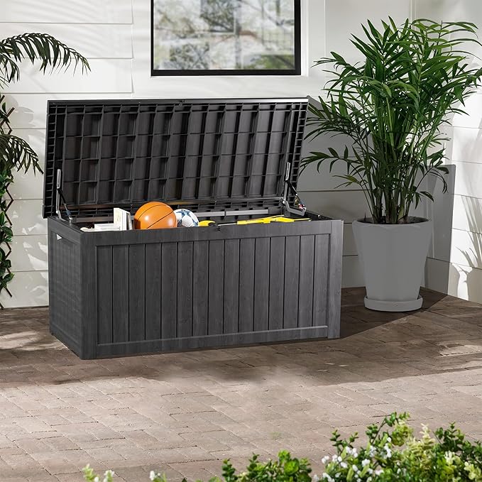 200 Gallon Lockable Resin Deck Box, Waterproof & UV-Resistant Outdoor Storage Box for Outdoor Cushion Storage, Garden Tools & Pool Accessories Storage, Black-VerdiqueGarden