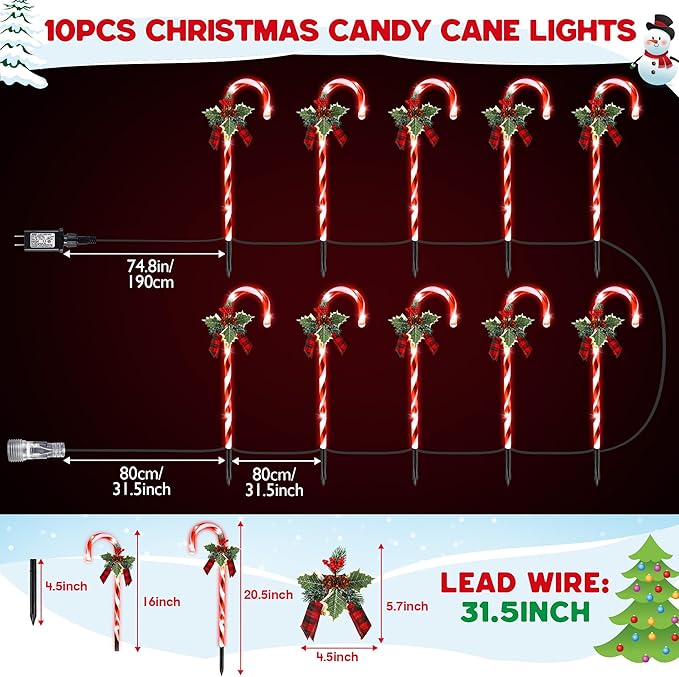 Hiboom Christmas Candy Cane Lights, 10 Pcs 21 Inch Pathway Markers Lights with Stakes, Christmas Driveway Lights End to End Connected for Xmas Holiday Party Walkway Patio Garden Decor (Red and White)-VerdiqueGarden