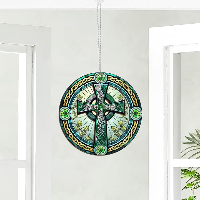 St Patricks Day Decorations - Irish Gifts for Men Women Friends Family, St Patricks Day Accessories, Celtic Cross Home Decor - Double Layered Hanging Suncatcher 8 in-VerdiqueGarden