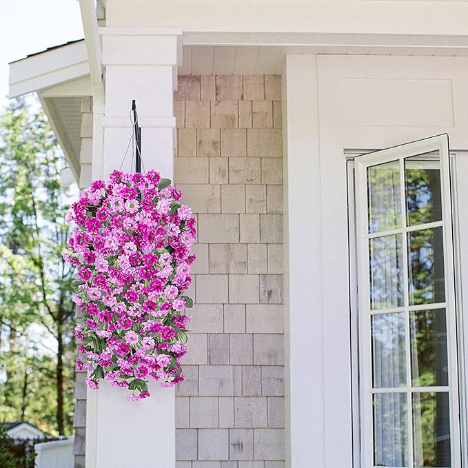 Hanging Baskets Artificial Flowers for Outdoor Interior Decor, Artificial Daisies Flowers Shrubs Plants with Baskets for Home Porch Garden Patio Spring Summer Decoration(Double Lotus)-VerdiqueGarden