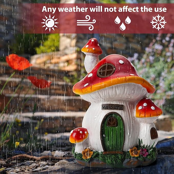 Mushroom House Garden Statue Outdoor, Solar Light Mushroom House Garden Figurines for Lawn, Balcony, Yard Decoration, Outdoor Garden Decoration-VerdiqueGarden