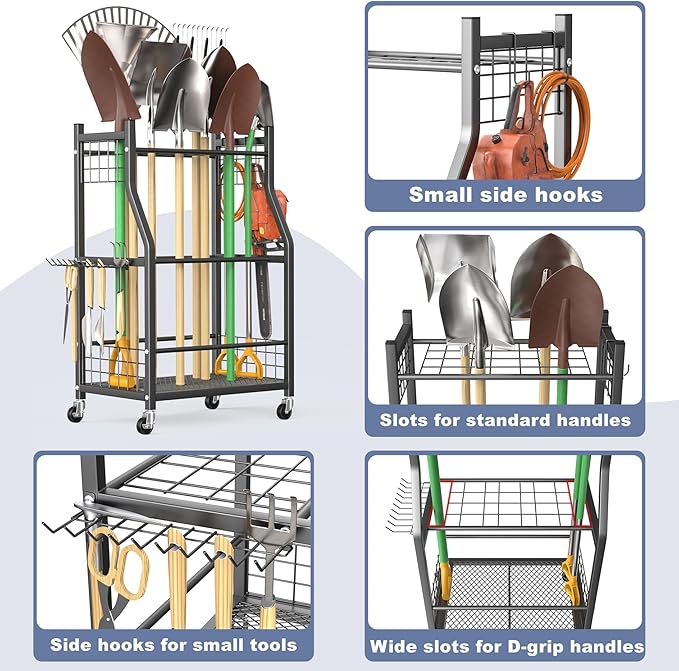 WALMANN Garden Tool Organizer with Wheels for Garage, Rakes/Shovels/Yard Tools Storage Stand for Garden, Shed, Indoor/Outdoor Long-Handled Tools Rolling Cart-VerdiqueGarden