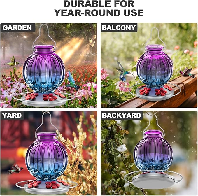 Glass Hummingbird Feeder for Outdoors Hanging, 26Oz Bird Nectar Feeder with Perch & 5 Flower Feeding Ports, Leak Proof for Outside Garden Decor Backyard, Gifts for Women Mom, Purple Blue-VerdiqueGarden