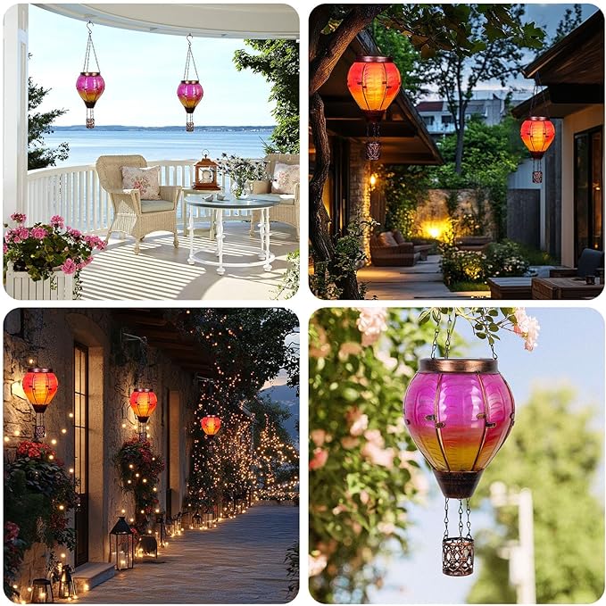 Hot Air Balloon Solar Lantern with Flickering Flame Light Outdoor Solar Hanging Lights Waterproof for Garden Yard Farmhouse Patio Pathway Outside Decoration, Pink&Orange-VerdiqueGarden