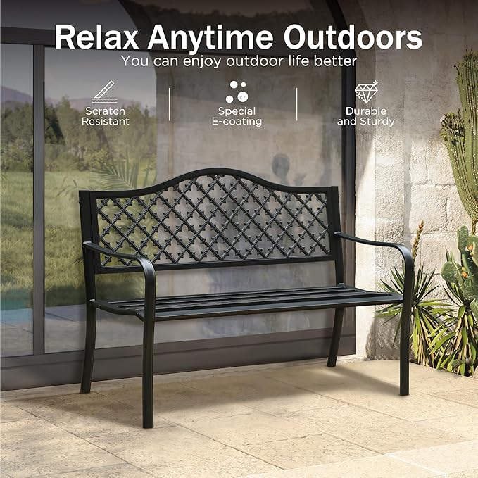 PHI VILLA 50" Outdoor Garden Patio Metal Bench for Outdoors with Plastic Backrest Armrests Sturdy Steel Frame, Black-VerdiqueGarden