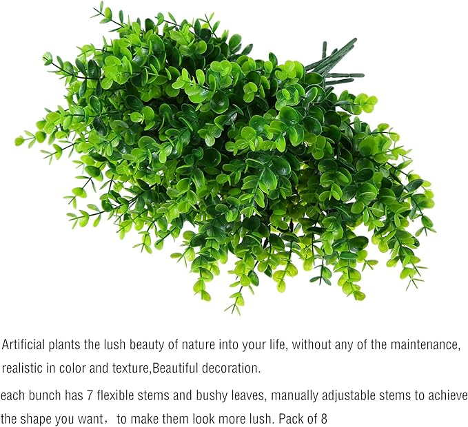 Artificial Plants Flowers Grass Shrubs 8 Pack No Fade Faux Plastic Flowers Outdoor for Farmhouse Garden Porch Patio Indoor Wedding Decoration Greenery Fake Plants uv Resistant (1#Green)-VerdiqueGarden