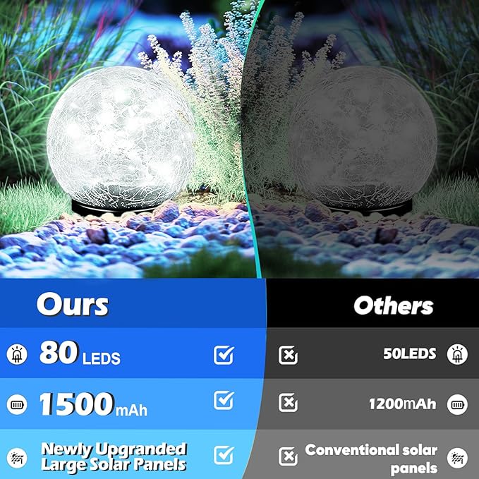 Garden Solar Ball Lights Outdoor Waterproof, 80 LED Cracked Glass Globe Solar Power Ground Lights for Path Yard Patio Lawn, Outdoor Decoration Landscape White (2 Pack 5.9'')-VerdiqueGarden