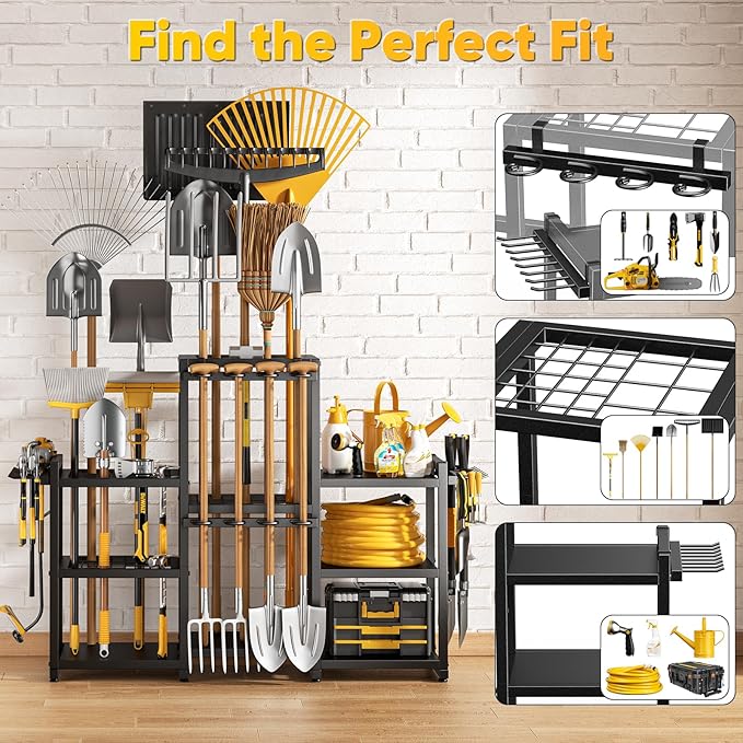 42" H Large Garden Tool Organizer, Holds Up to 86 Tools, Heavy Duty Yard Tool Organizer for Garage, 61“ Wide Lawn Freestanding Tool Storage Rack for Outdoor Shed Tool Rake, Shovel, Brooms-VerdiqueGarden