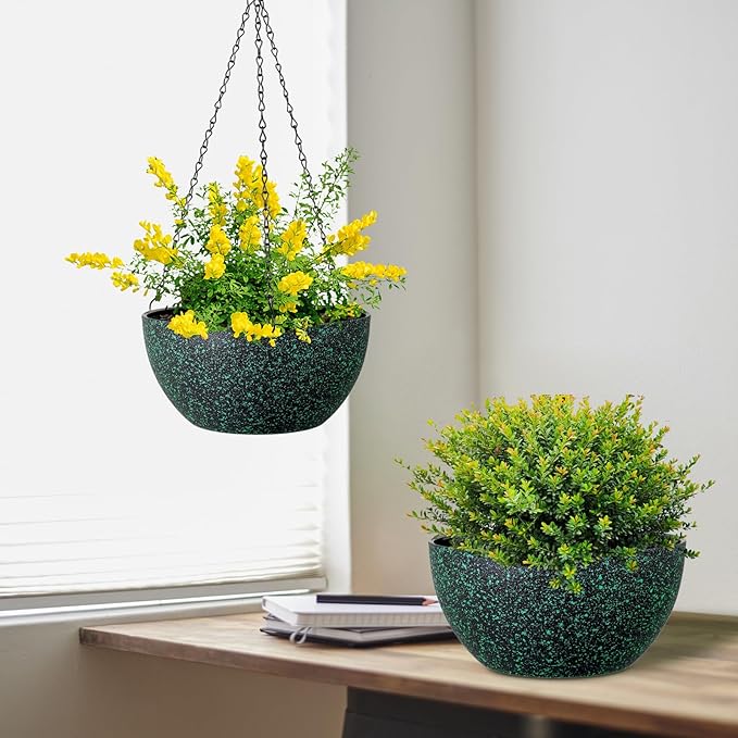 10 inch Hanging Planters for Indoor Outdoor Plants, 2 Pack Hanging Flower Pots with Drainage Holes and Chain for Garden, Plastic Hanging Baskets for House Plants, Black with Green Speckles-VerdiqueGarden