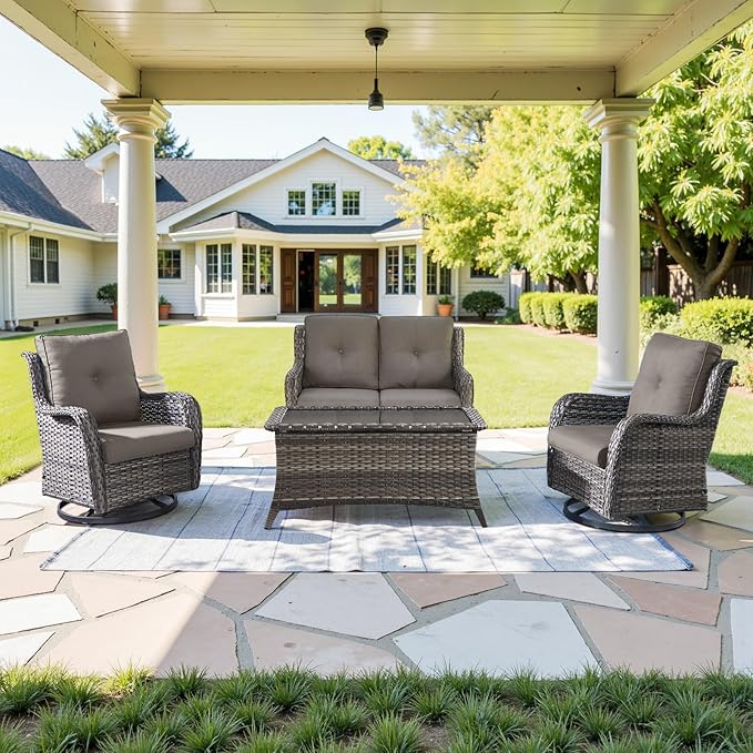 Outdoor Patio Furniture Set - 7 Piece Gray Wicker Conversation Patio Furniture Set All Weather Swivel Chairs with Ottoman and Loveseat Glider Chair for Deck Balcony Backyard-VerdiqueGarden
