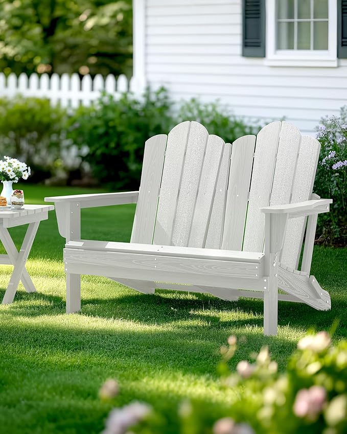SERWALL Folding Adirondack Bench, HDPE All-Weather Adirondack Loveseat, 660 lbs Capacity, Foldable Outdoor Patio Bench for Deck, Lawn, Garden, White-VerdiqueGarden