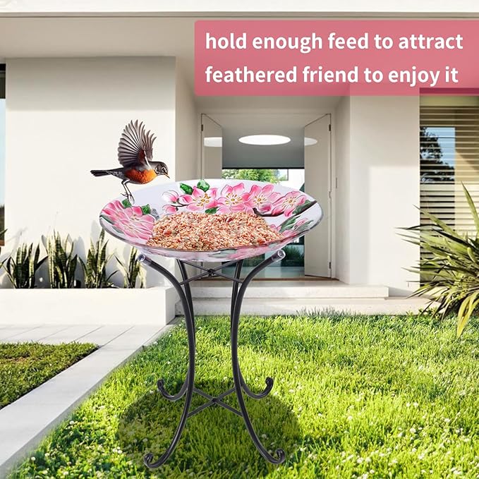 VCUTEKA Bird Baths for Outdoors, Glass Bird Bath with Metal Standing for Garden, Yards Patio Décor, Bird Lovers Gift, Cardinal Glass Birdbath Detachable (22" H * 18" W)-VerdiqueGarden