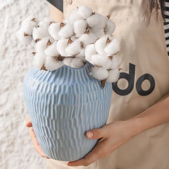 Ceramic Vase for Home Decor,7.8 Inch Flower Vases，Decorative Blue Vase for Pampas Grass，Modern Art Texture Vases for Home Entryway Living Room Dining Table Farmhouse Office Decor-Mat Blue-VerdiqueGarden