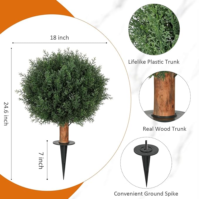 Artificial Cedar Shrubs Ball Trees with Ground Spike, 24.6 inche Tall UV-Resistant Fake Outdoor Plants Evergreen Trees, Realistic Faux Pine Bushes for Front Porch Home Patio Garden, 1 Pcs-VerdiqueGarden