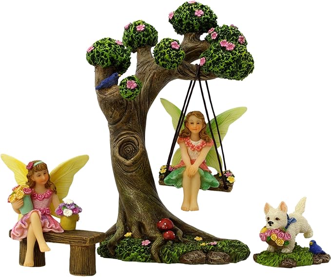 Fairy Garden Accessories Outdoor - Fairy Garden Kit with Fairies for Fairy Garden - Miniatures for an Outdoor Garden, a Fairy Tree Swing, Figurines & Puppy-VerdiqueGarden