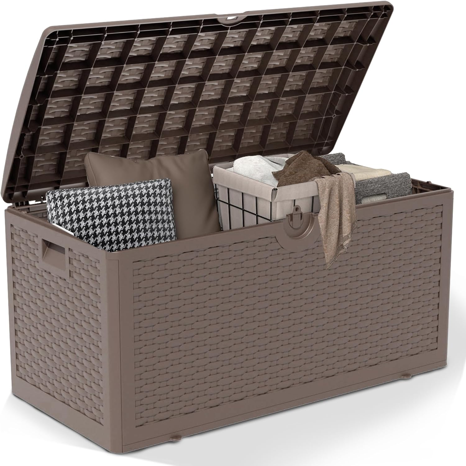 80 Gallon Pro Resin Deck Box, Waterproof Outdoor Storage Bin for Patio, Poolside, and Garden, Lockable & UV-Resistant,Brown-VerdiqueGarden