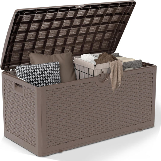 80 Gallon Pro Resin Deck Box, Waterproof Outdoor Storage Bin for Patio, Poolside, and Garden, Lockable & UV-Resistant,Brown-VerdiqueGarden