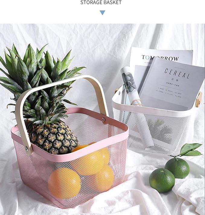 Metal Mesh Steel Basket, Storage Organizer Basket Multi-functional Hanging Kitchen Baskets Fruit Basket Bin with Bamboo Handle for Kitchen Bathroom Picnic Shopping Decor Cabinet Home, Pink-VerdiqueGarden