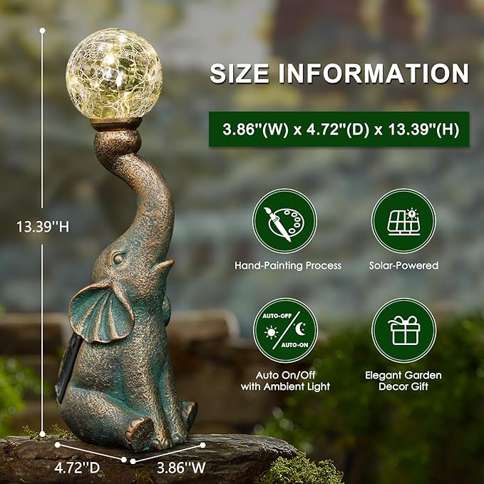 MININOVA Garden Decor Outdoor Statues Elephant with Cracked Glass Ball, Cute Solar Figurine for Patio, Lawn, Yard Art Ornament Decorations (8 LED Lights)-VerdiqueGarden