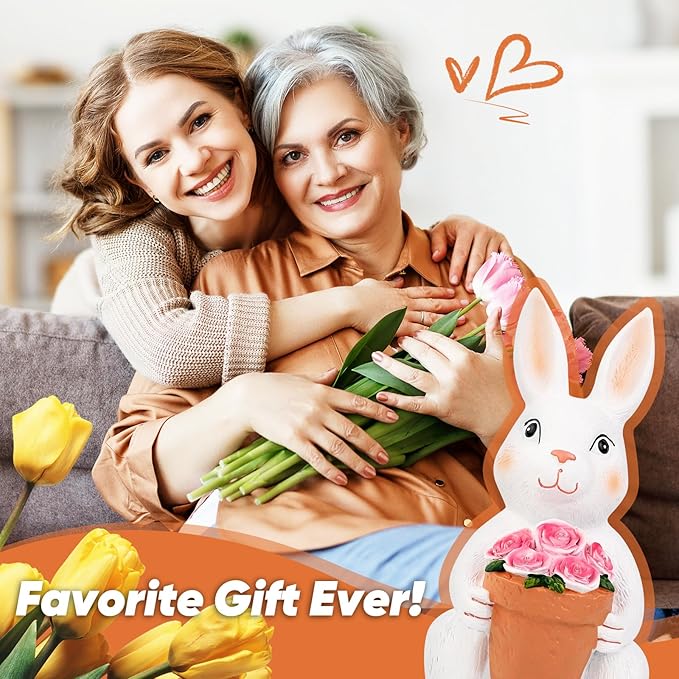 Brightever Solar Powered Outdoor Garden Statues- Rabbit with Flowers and 5 Colorful LED Lights, 11.8IN Outdoor Figurine Lights, Solar Garden Bunny Statue for Easter Decor, Gifts for Mom, Housewarming-VerdiqueGarden