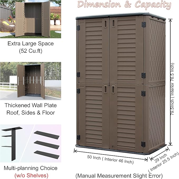 Sheds & Outdoor Storage, 52 Cu.ft Vertical Storage with Floor, Cabinet Waterproof for Garage Pool Bike Shed, Garden , Coffee Brown-VerdiqueGarden