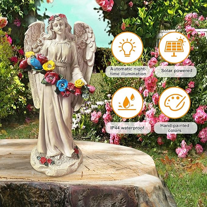 Angel Statues for Garden, Solar Angels for Outside, Angels Sculpture Holding Wreath for Outdoor Patio Lawn Balcony Ornament Gifts for Women/Mom/Grandma-VerdiqueGarden