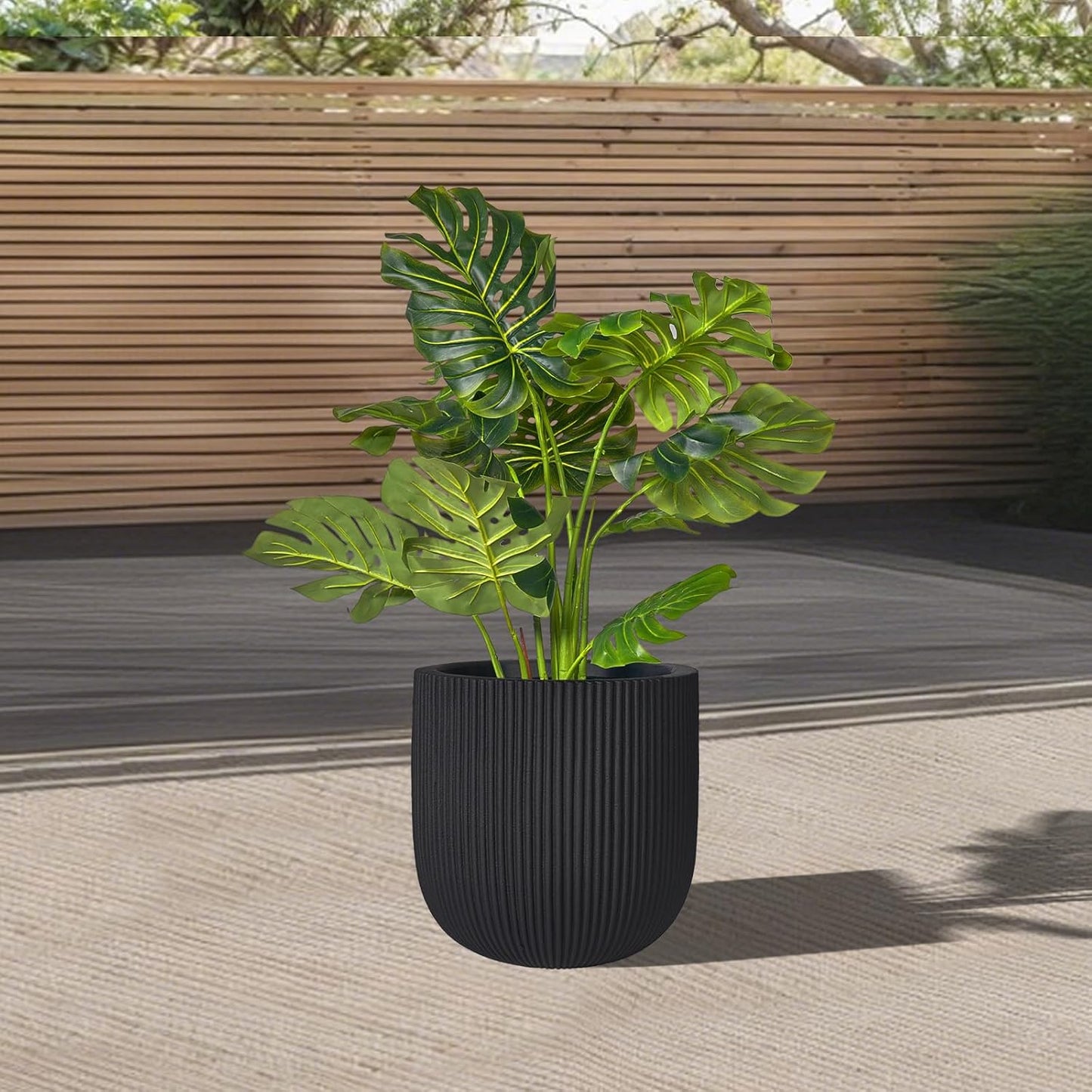 16 Inch Handmade Concrete Outdoor Planter - Classic Striped Design | Fiberglass & Composite Material | Durable for Commercial & Home Decor-VerdiqueGarden