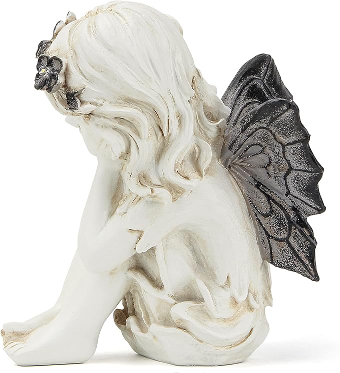Leekung Ivory White Resin Sculpture, Angel Figurine with Solar Powered Lights for Outdoor Decor, Garden Decorations & Memorial Gifts-VerdiqueGarden