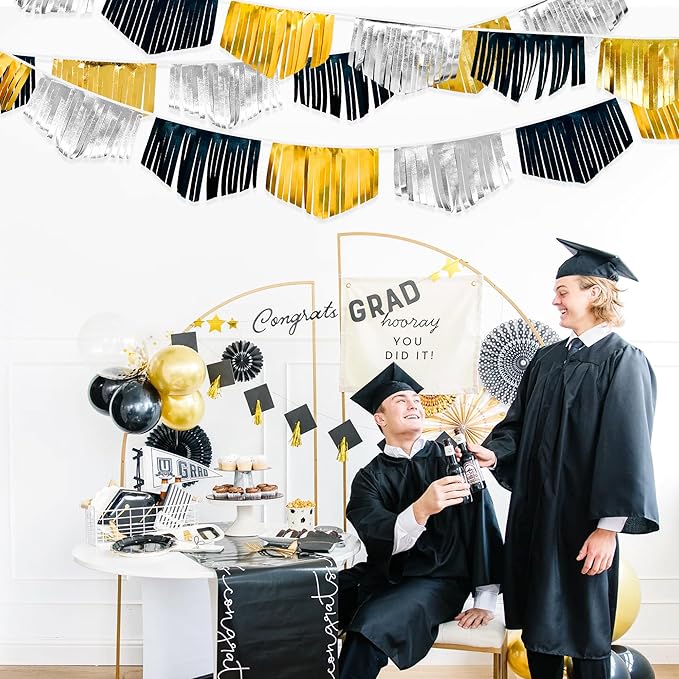 Black Silver Gold Tassel Banner Double Sided Metallic Fabric Pennant Bunting Flag Garland for Graduation Birthday Anniversary Bachelorette Engagement Wedding Bridal Shower Party Decorations Supplies-VerdiqueGarden