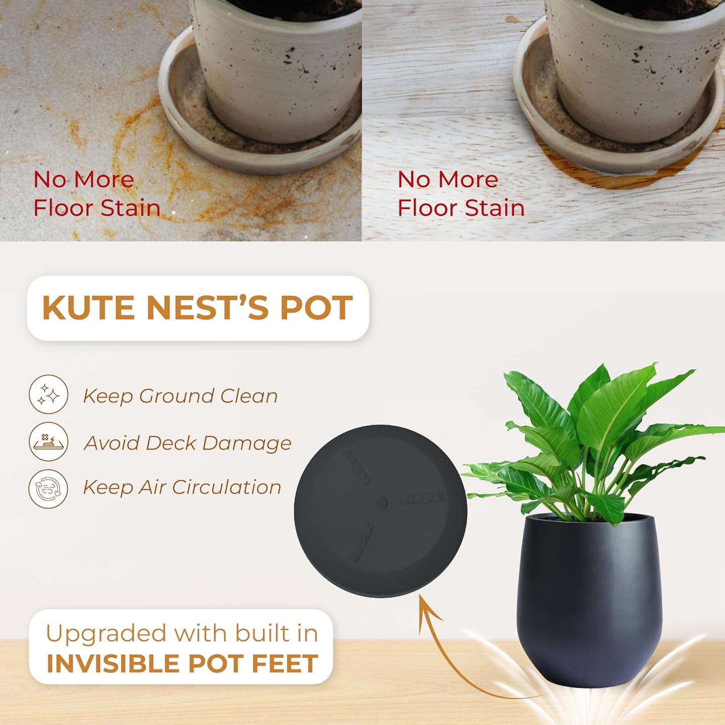 21" H x 19" D Corso Fiberstone Round Planter with Drainage Hole, Smooth Finishes, Weather Resistant for Indoor and Outdoor Use, Included 2 Extra Coco Mats (Black, 15" Pot Opening)-VerdiqueGarden