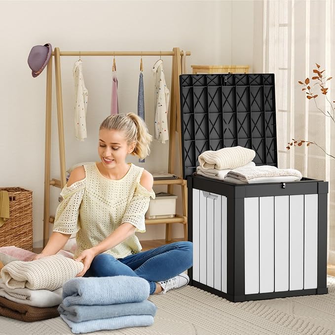 DRATO 50 Gallon Deck Box, Outdoor Storage Box for Patio Cushion, Sports Equipment, Garden Tools, Waterproof Patio Storage box, Lockable (Black and White)-VerdiqueGarden